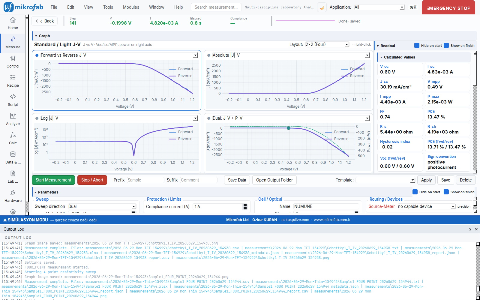 Photovoltaic J-V workspace: forward/reverse J-V, dual J-V plus power curve with marked MPP and live PCE/Voc/Jsc/FF metric cards