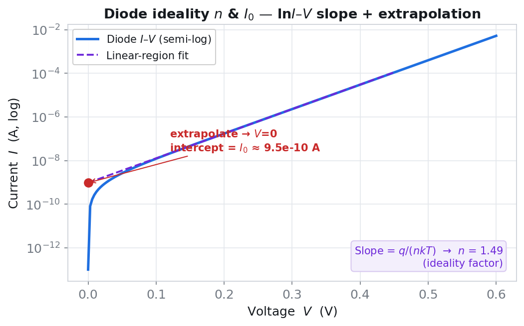 Extracting the ideality factor from the slope of the linear region and the saturation current I0 from the y-intercept on a plot of the logarithm of the diode forward current versus voltage