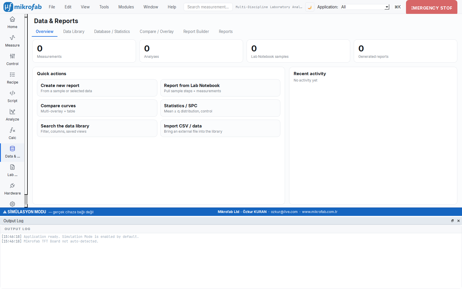 Data and Reports workspace: a filterable measurement database table and view profiles