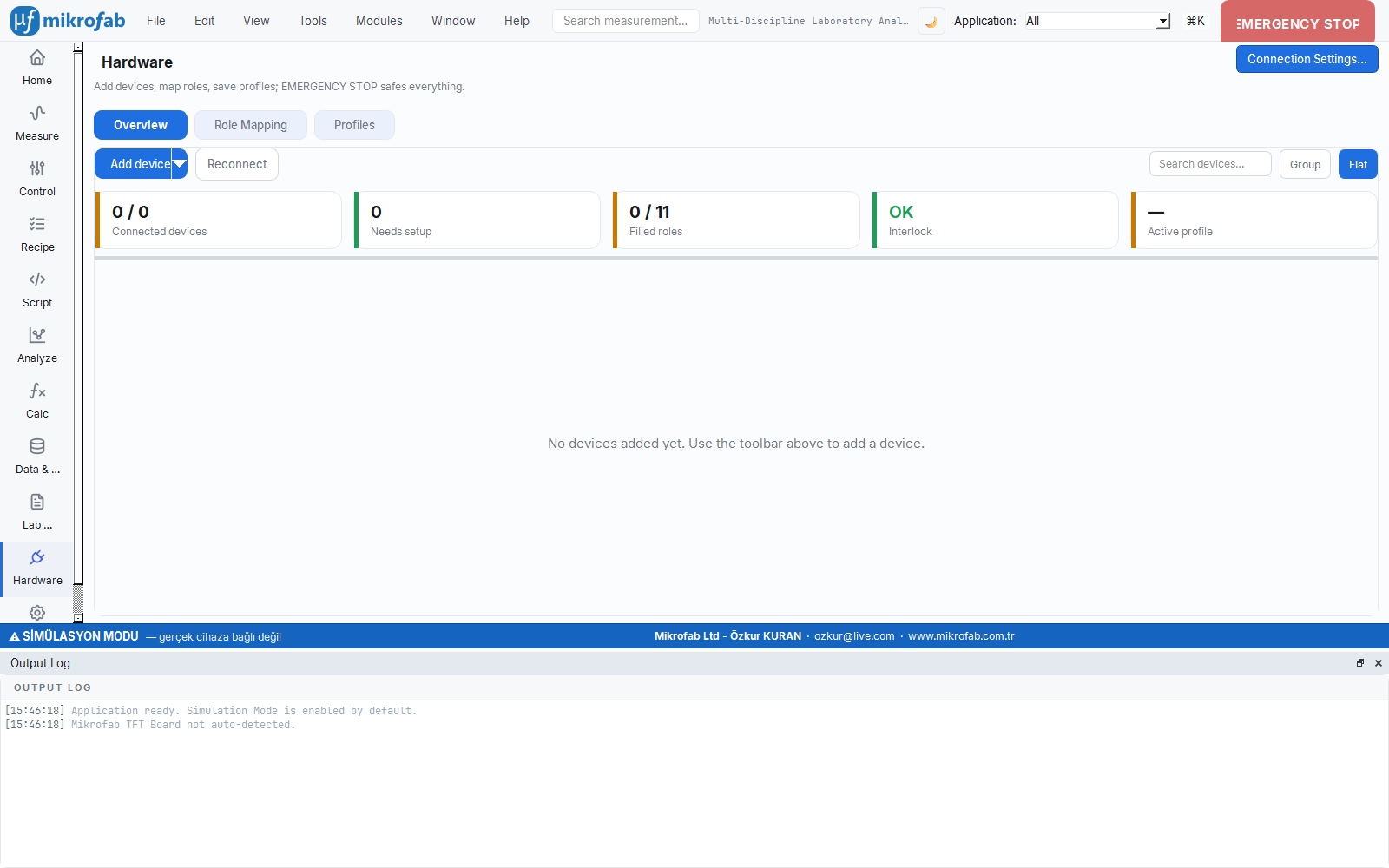 Mikrofab Suite hardware connection screen: multi-vendor SMU and relay/switch matrix configuration