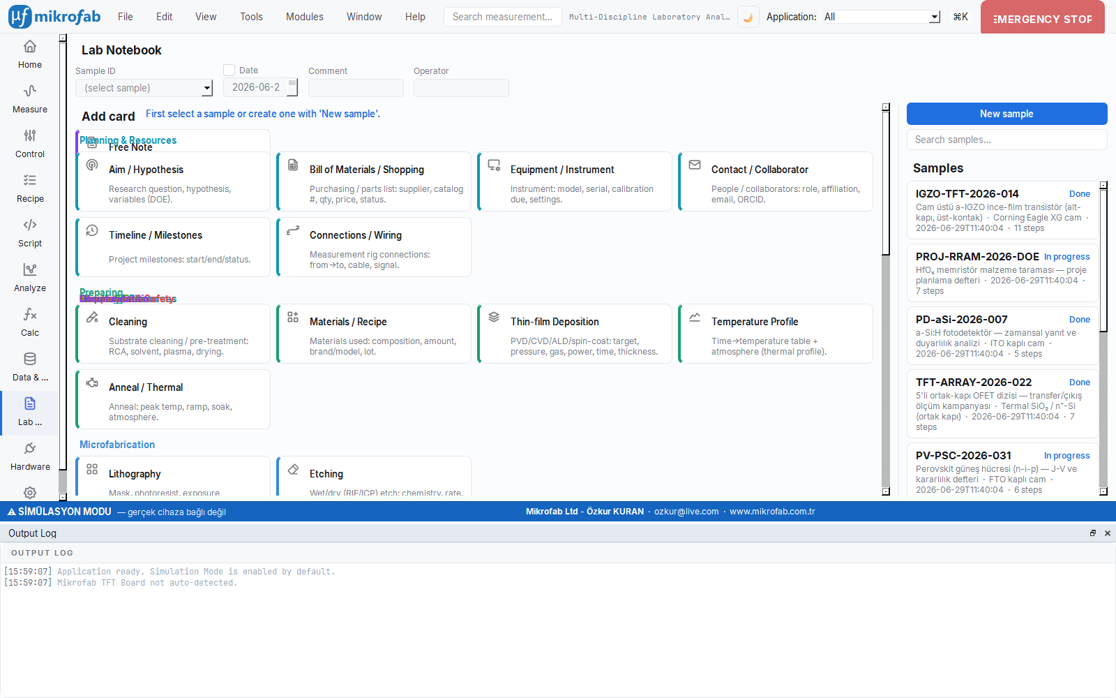 Mikrofab Suite Lab Notebook (ELN): sample-centric records, experiment history and result links