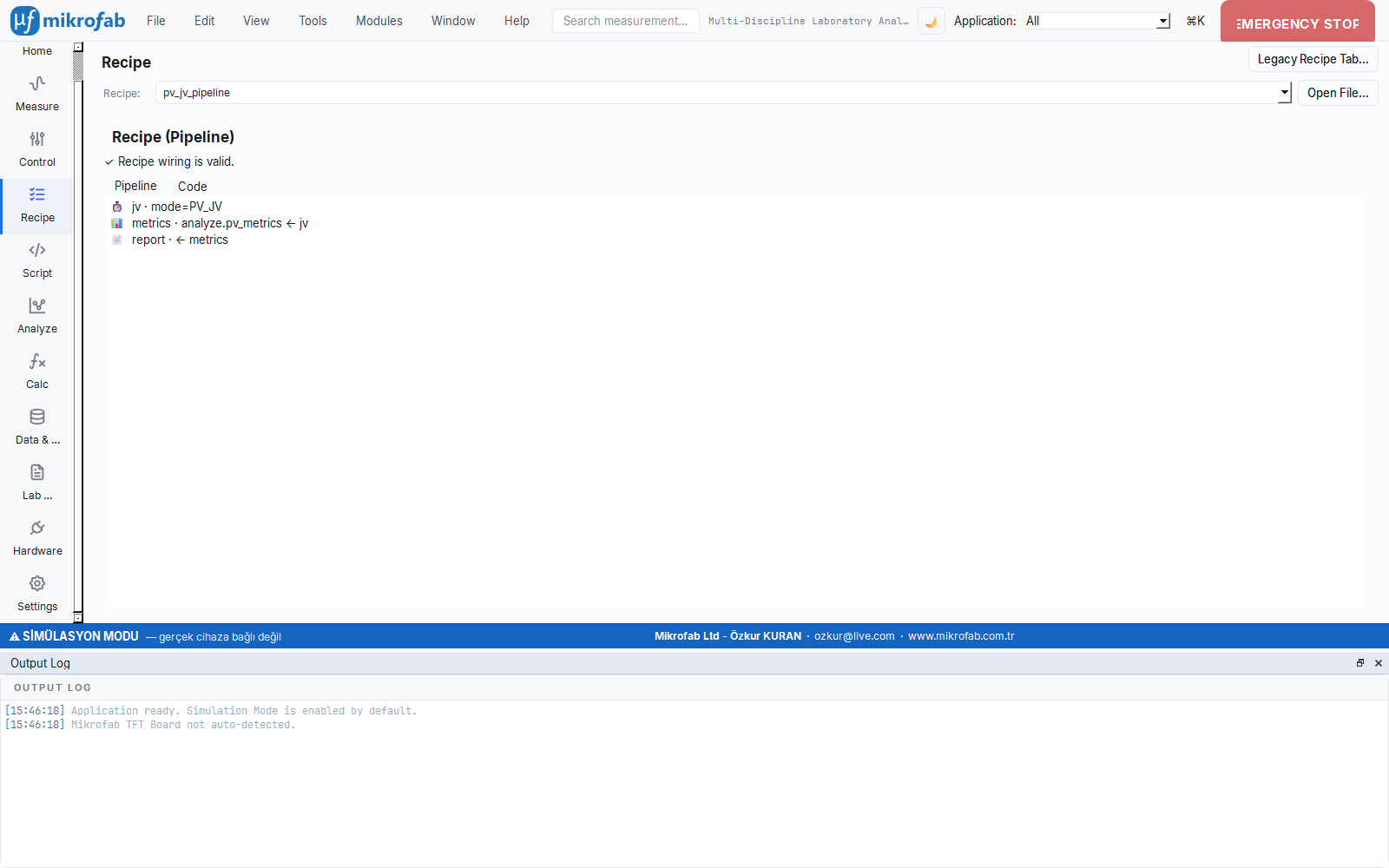 Mikrofab Suite Recipe workspace: an automation pipeline made of measurement, analysis, computation and report steps