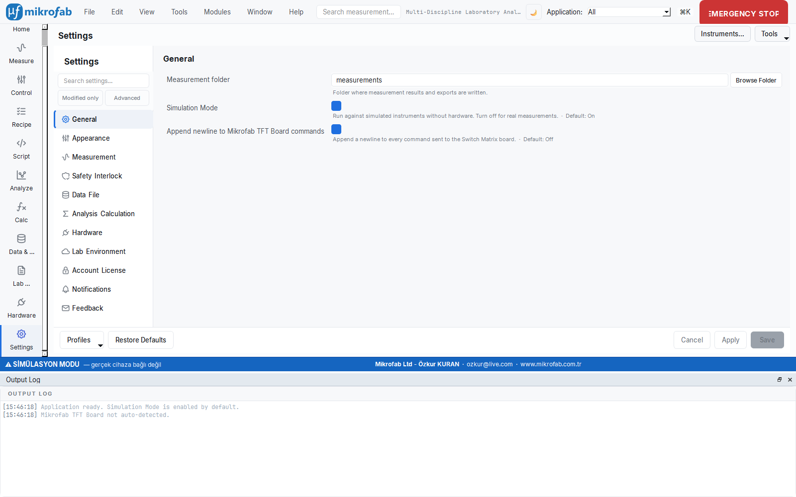Mikrofab Suite Settings screen: Account & License category, machine identity and license key activation area