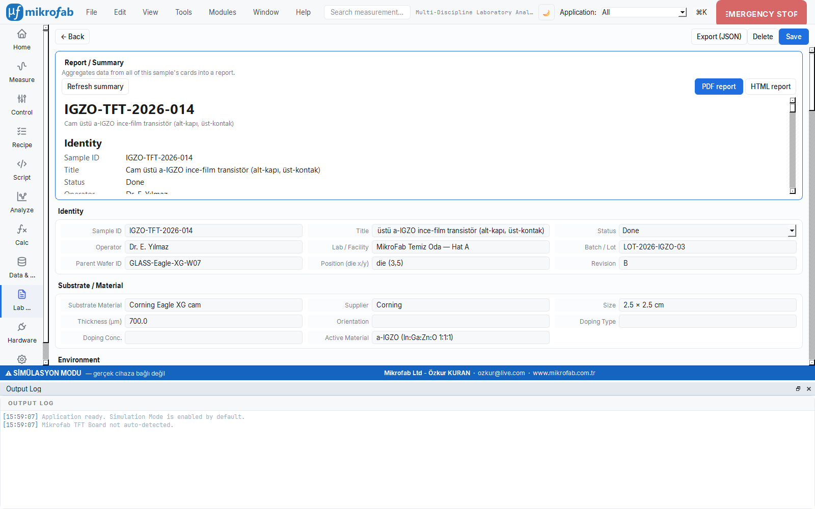 In-app detail view of sample IGZO-TFT-2026-014: data sheet, 11 process steps and transfer measurement results