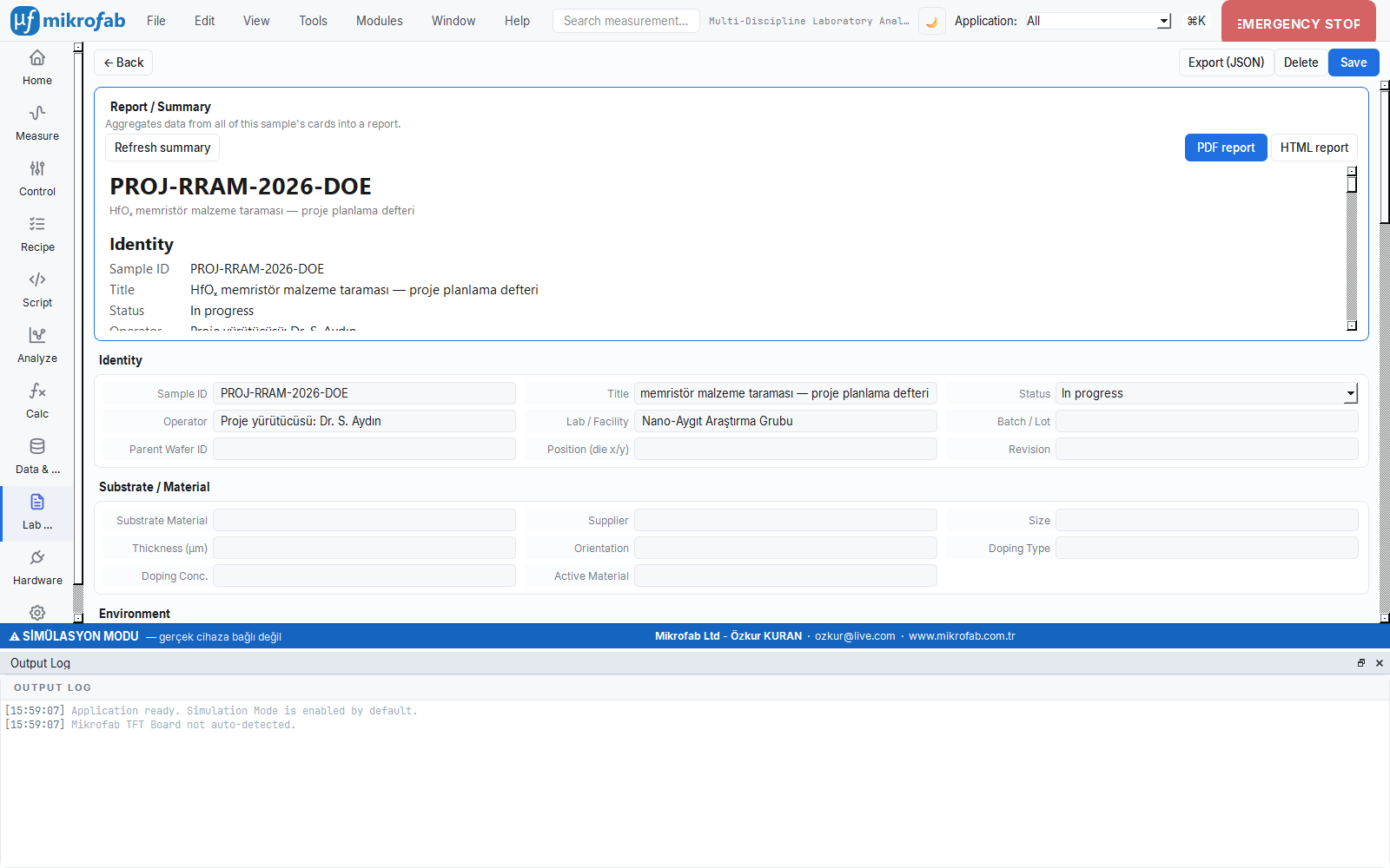 In-app view of the PROJ-RRAM-2026-DOE planning notebook: aim, BOM, team, equipment, timeline and reference steps
