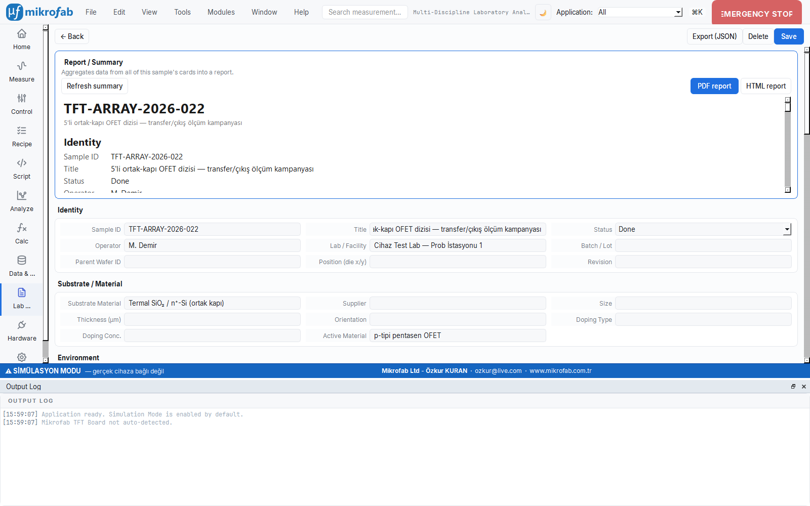 In-app view of the TFT-ARRAY-2026-022 OFET array measurement notebook: instrument, connection, channel measurements and statistics