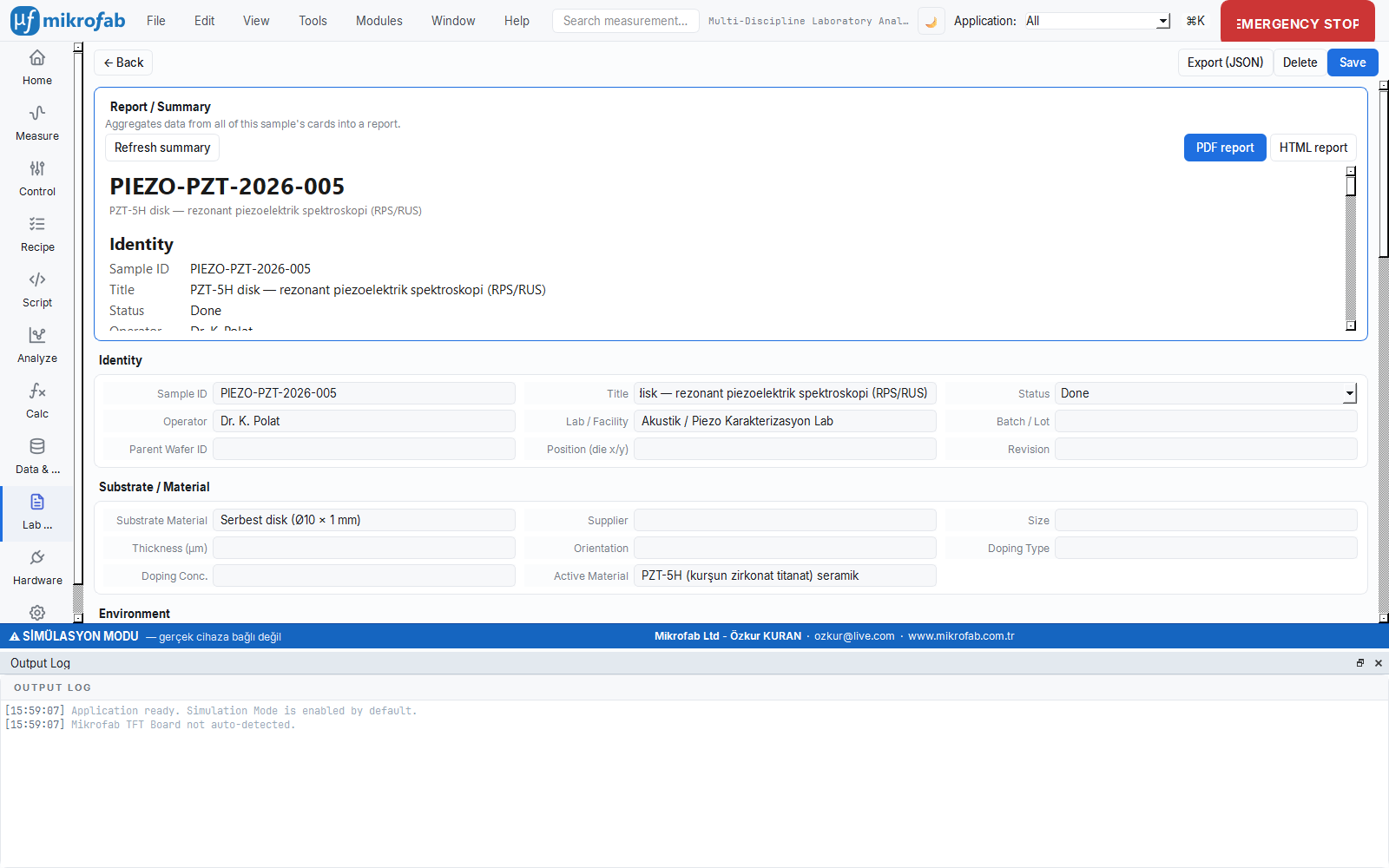 In-app view of the PIEZO-PZT-2026-005 piezoelectric notebook: sample, instrument, RPS sweep and elastic-parameter steps