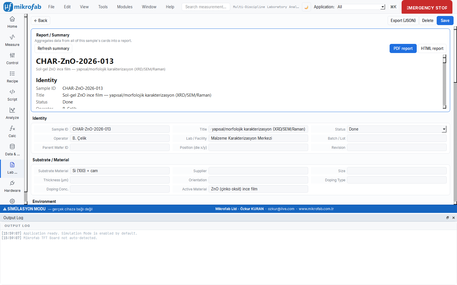 In-app view of the CHAR-ZnO-2026-013 characterization notebook: sol-gel, XRD, SEM/AFM, Raman, summary and grain-statistics steps
