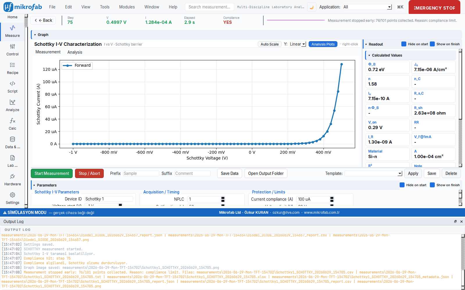 Schottky I-V measurement screen: barrier height from the thermionic emission model