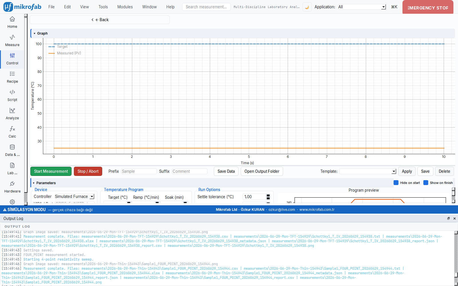 Temperature Profile module: instrument, segment table and options on the left; large PV display and live plot with target/PV traces on the right