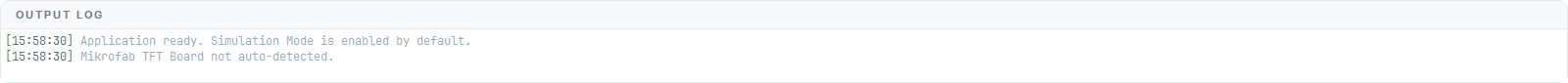The software's log console window: timestamped event lines and level filters