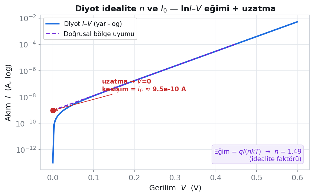 Karanlık J-V'de ln(J)–V doğrusunun eğiminden idealite n, V=0'a uzatmadan J0 çıkarımı