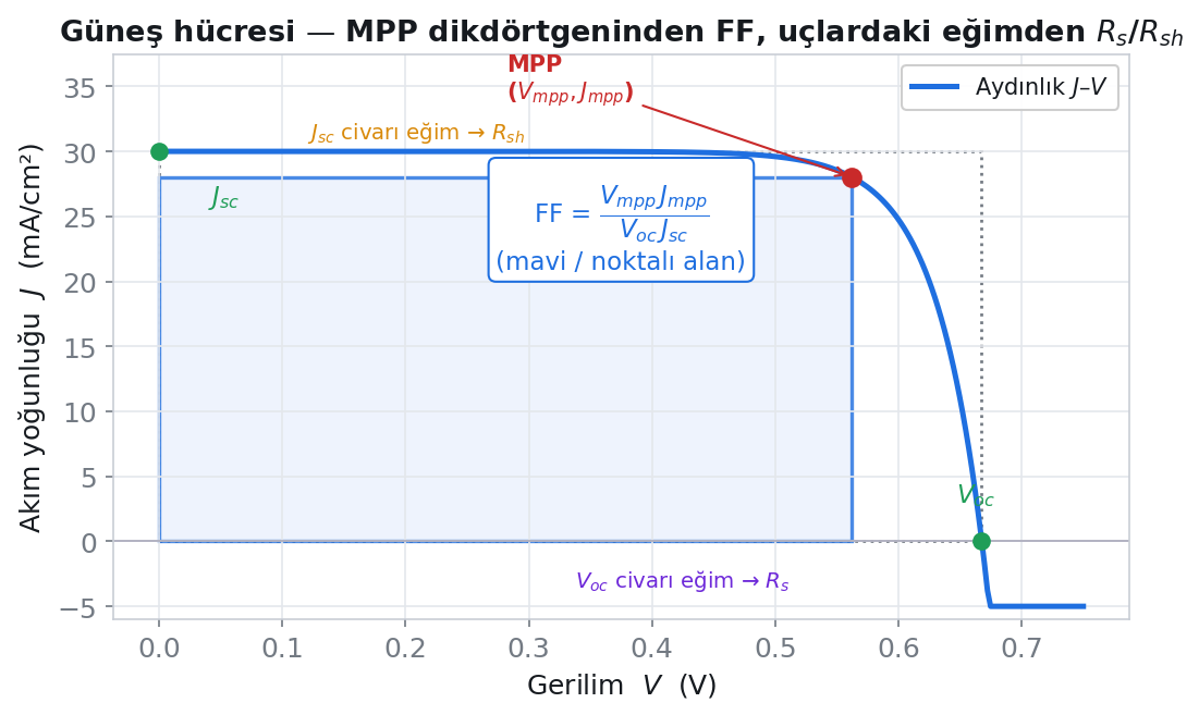 J-V eğrisinde MPP dikdörtgeninden FF, uçlardaki eğimlerden Rs ve Rsh çıkarımı