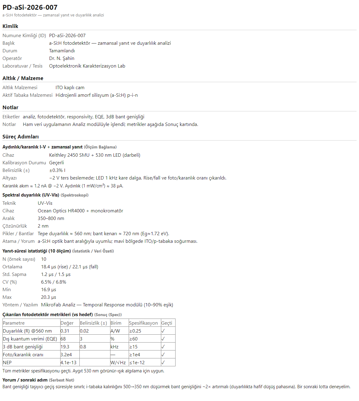 Fotodetektör analiz defterinin render edilmiş HTML raporu