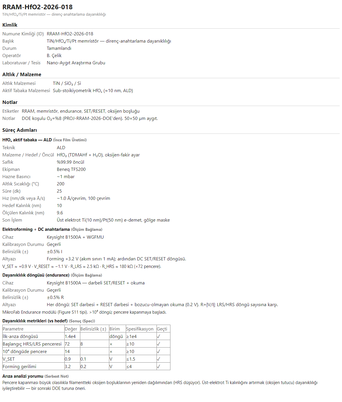 RRAM dayanıklılık defterinin render edilmiş HTML raporu