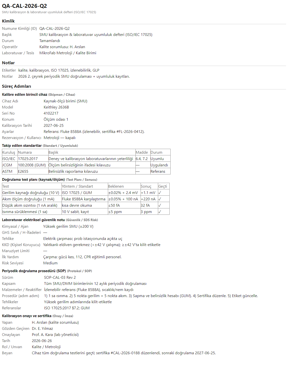 ISO/IEC 17025 kalibrasyon ve uyumluluk defterinin render edilmiş HTML raporu